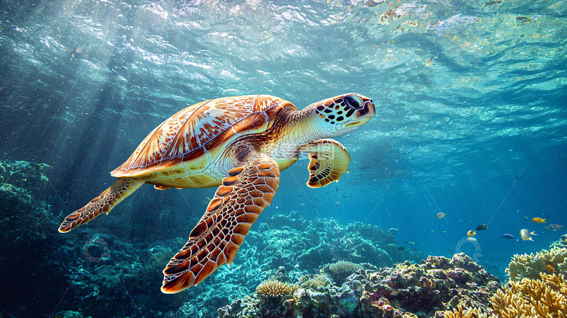 高清大图下载【趣麦麦图】海龟在珊瑚礁中游泳