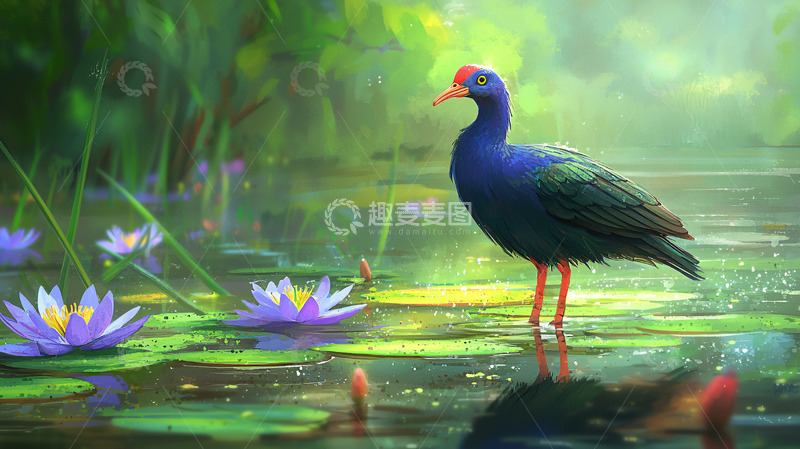 高清大图下载【趣麦麦图】紫水鸡荷花水塘