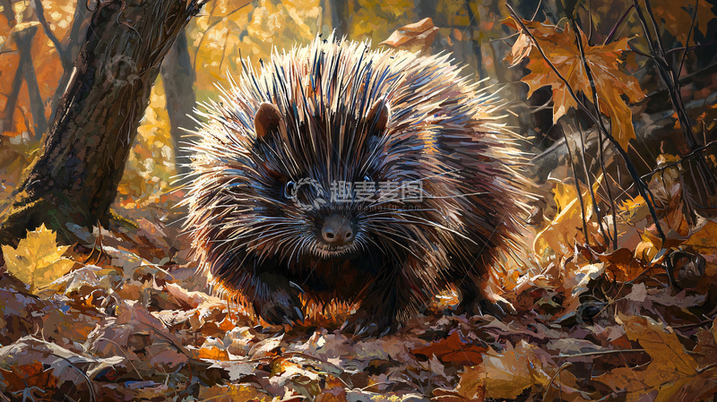 高清大图下载【趣麦麦图】秋日森林里一只蓬松的刺猬