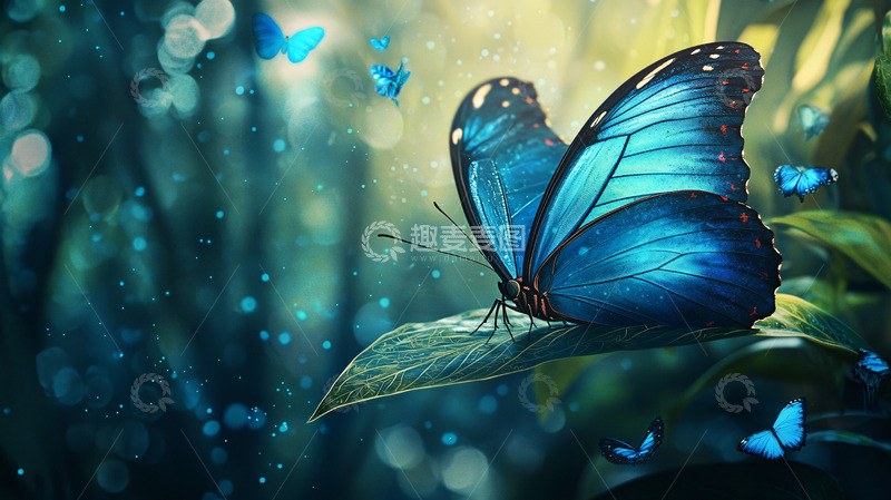 高清大图下载【趣麦麦图】梦幻蓝蝴蝶森林背景