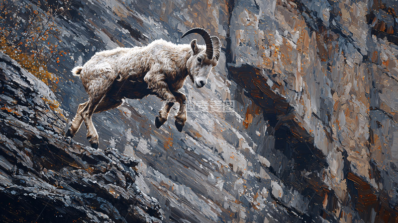 高清大图下载【趣麦麦图】山羊跳跃悬崖峭壁