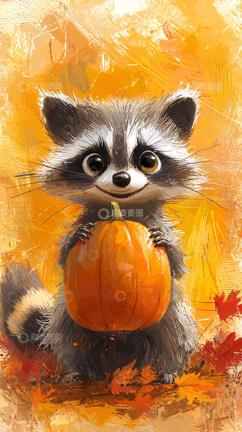 高清大图下载【趣麦麦图】可爱浣熊抱着南瓜