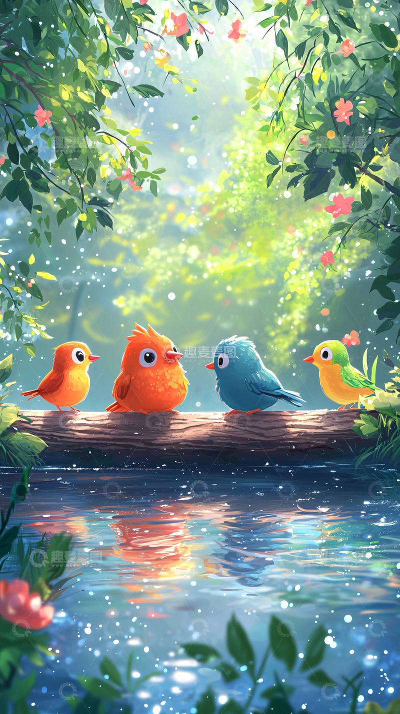 高清大图下载【趣麦麦图】可爱的鸟儿们在树枝上