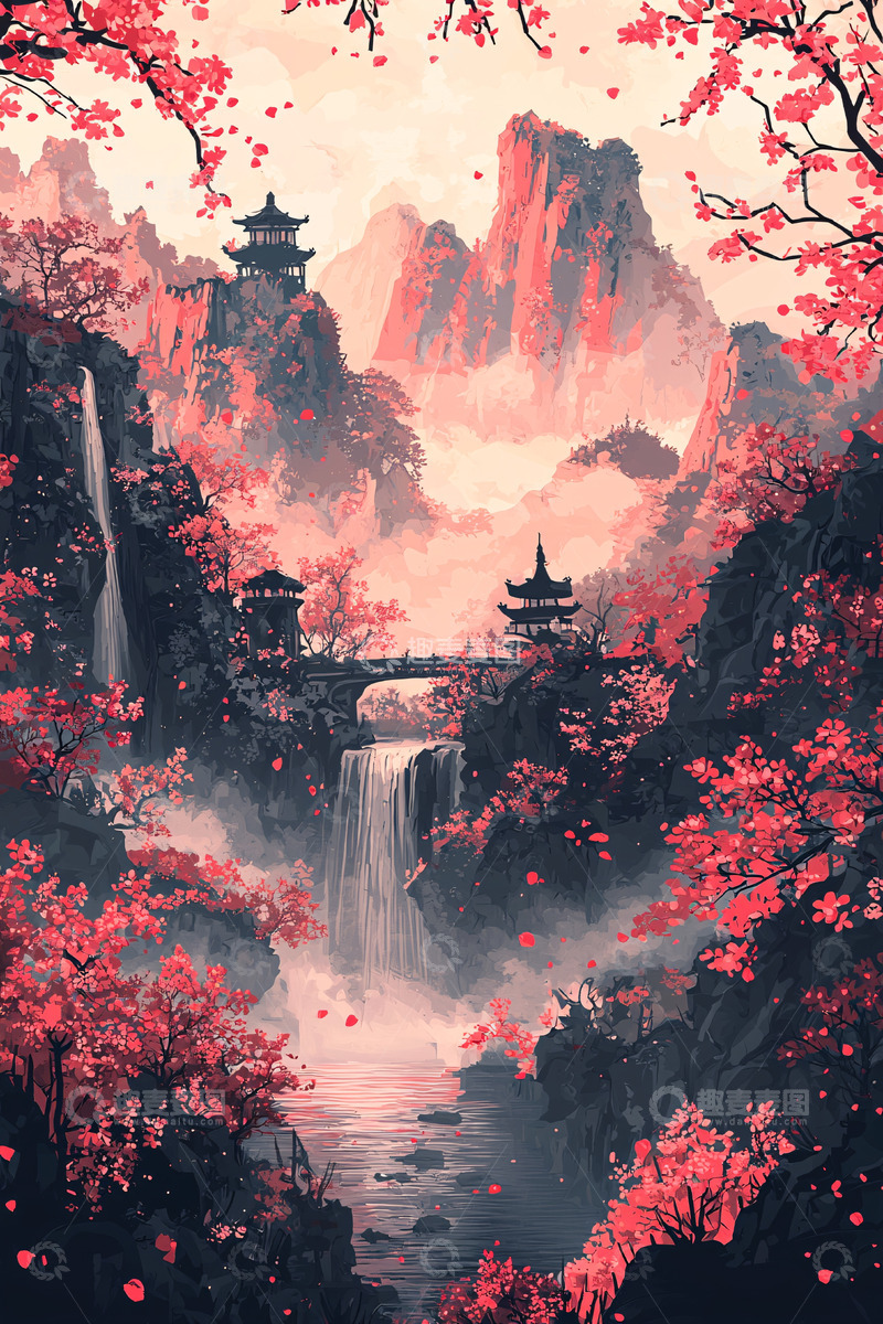 高清大图下载【趣麦麦图】水墨风红色山水画