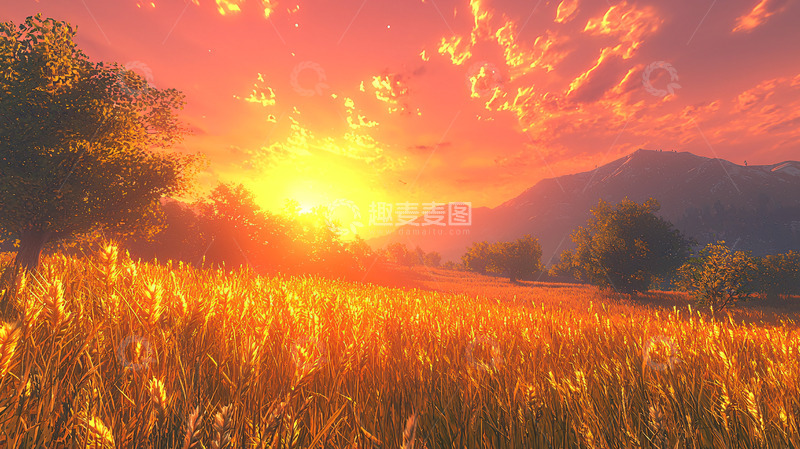 高清大图下载【趣麦麦图】金色的田野日落美景