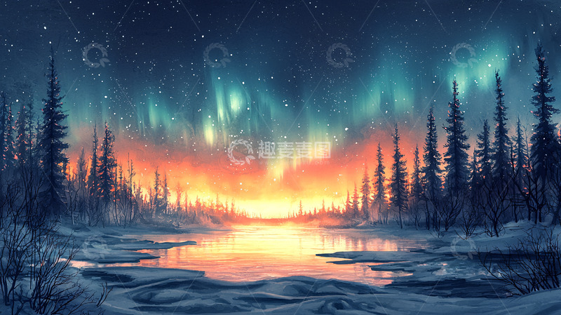 高清大图下载【趣麦麦图】极光下的雪林湖泊