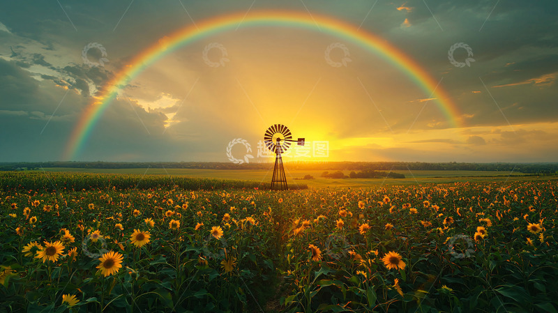高清大图下载【趣麦麦图】彩虹下的向日葵田