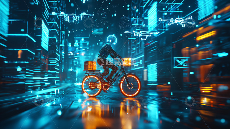 高清大图下载【趣麦麦图】骑车送货的未来科技感场景