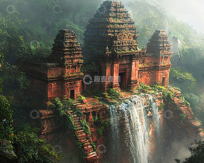 高清大图下载【趣麦麦图】瀑布古庙