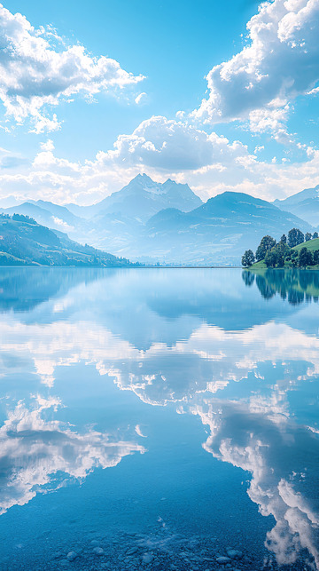 平静湖面山峦倒影