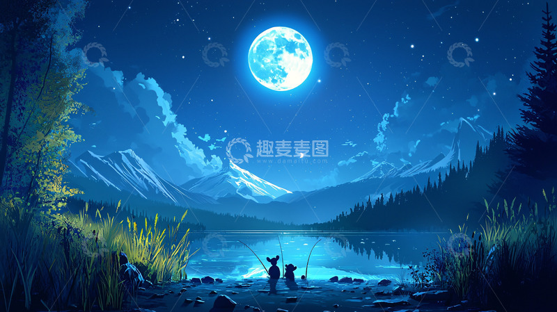高清大图下载【趣麦麦图】梦幻蓝色星空下湖边垂钓