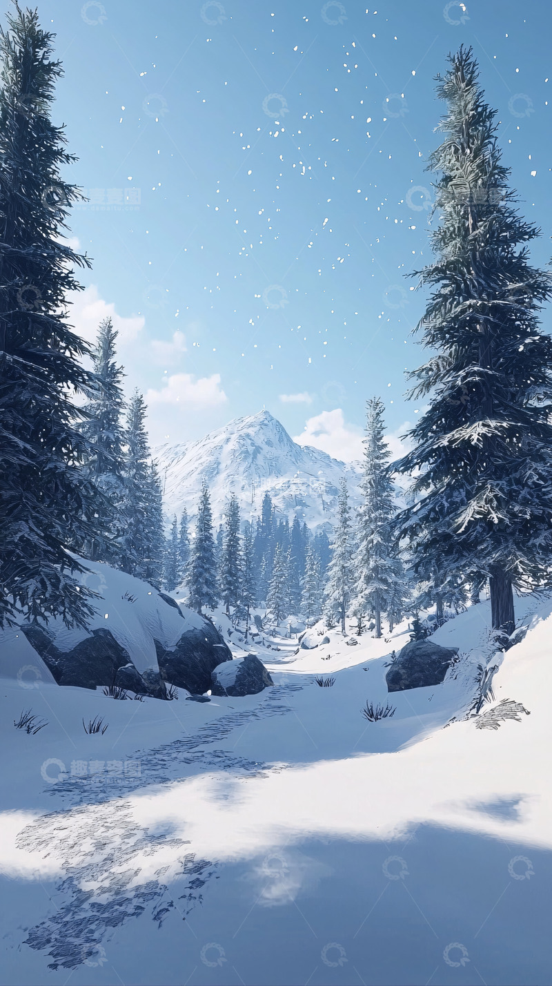 高清大图下载【趣麦麦图】雪山森林小路
