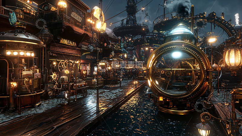 高清大图下载【趣麦麦图】蒸汽朋克风格城市夜景