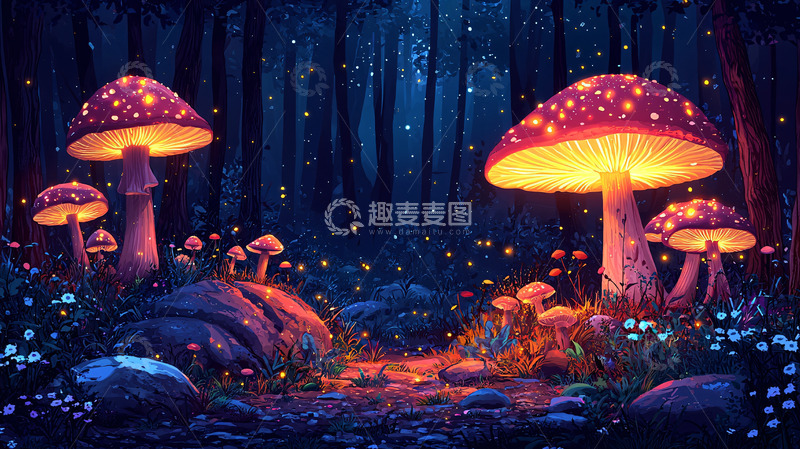 高清大图下载【趣麦麦图】夜光蘑菇森林