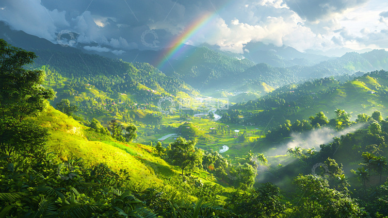 高清大图下载【趣麦麦图】彩虹山峦田园风光