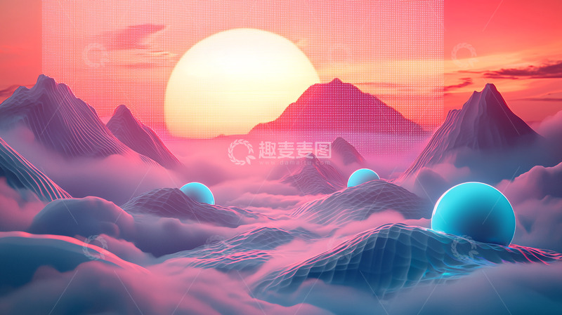 高清大图下载【趣麦麦图】梦幻粉色山脉日落