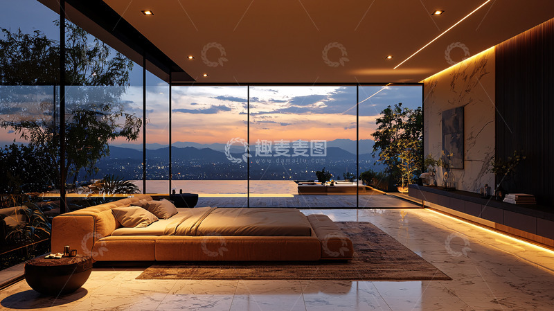 高清大图下载【趣麦麦图】卧室落地窗日落景色