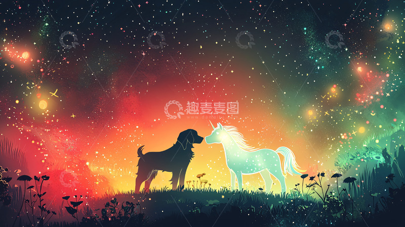 高清大图下载【趣麦麦图】星空下狗狗与独角兽