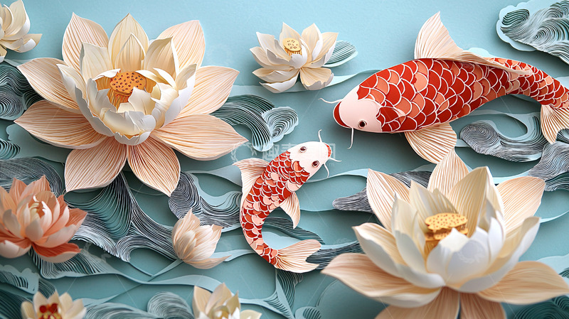 高清大图下载【趣麦麦图】立体纸艺鲤鱼荷花