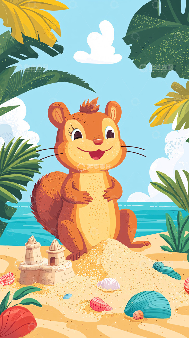高清大图下载【趣麦麦图】卡通小松鼠海滩度假