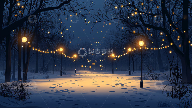 高清大图下载【趣麦麦图】冬夜雪景小路灯光