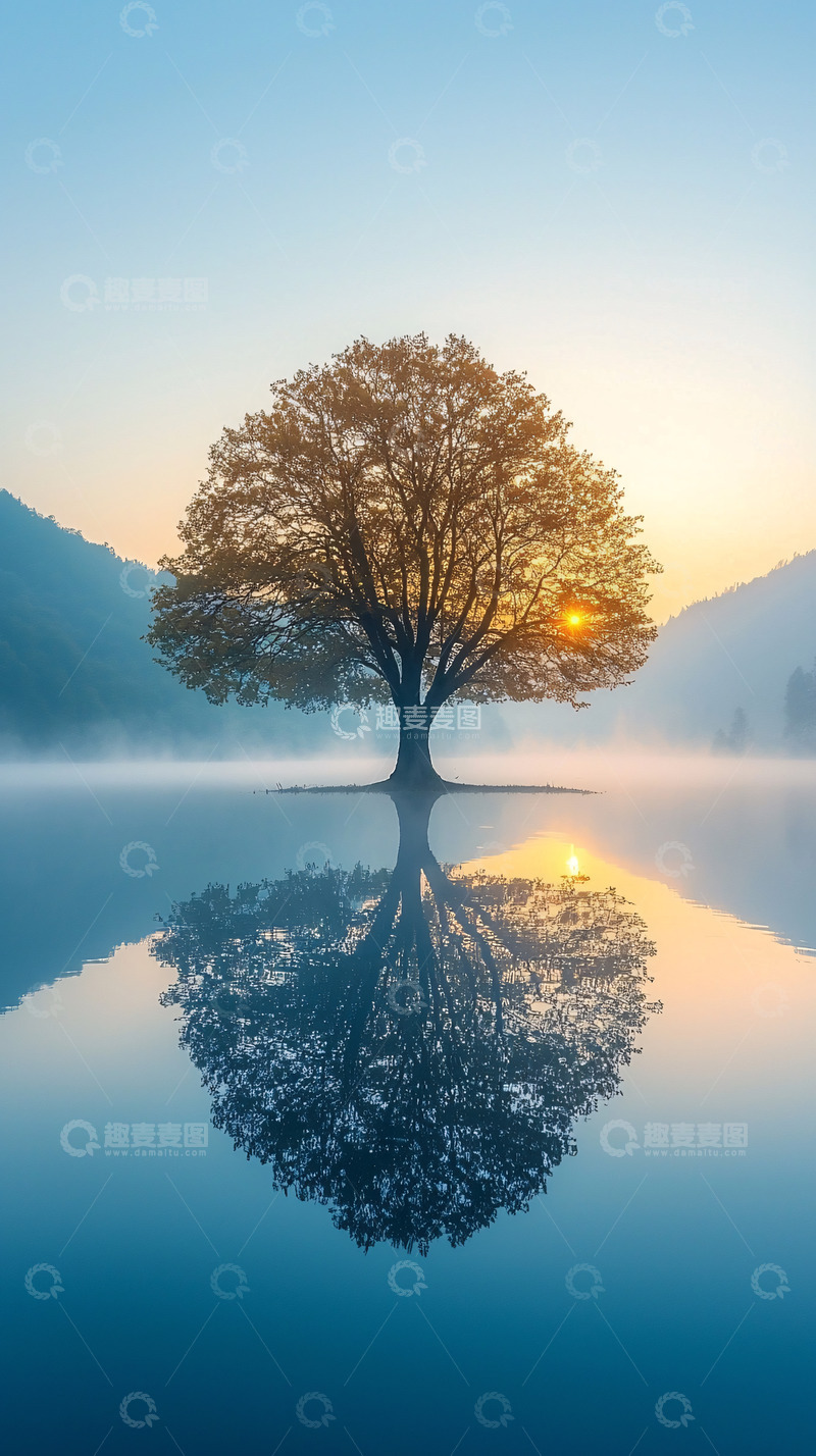 高清大图下载【趣麦麦图】平静湖面树木倒影