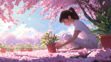 樱花树下女孩种花