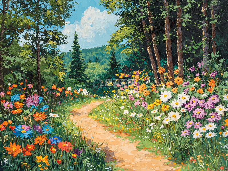 高清大图下载【趣麦麦图】夏日森林小路鲜花盛开
