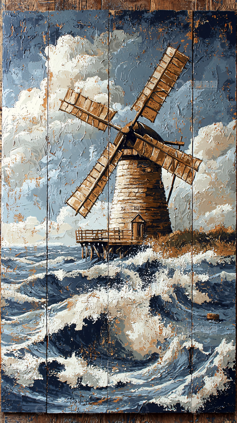 高清大图下载【趣麦麦图】海边风车木板画