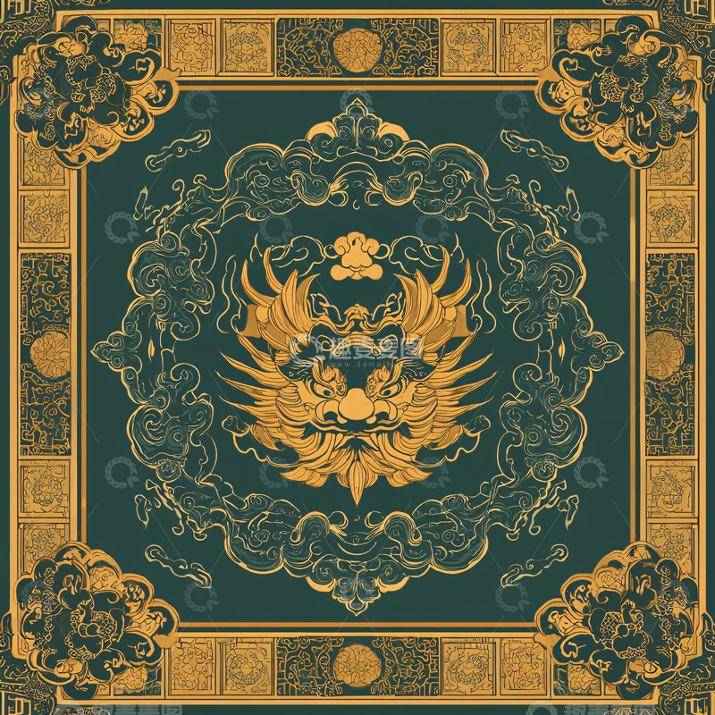高清大图下载【趣麦麦图】金色龙纹祥云围绕的青色方图