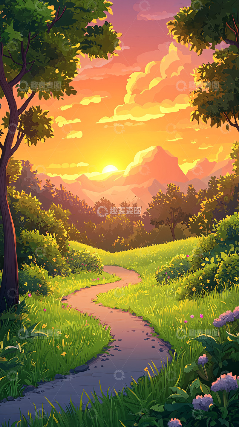 高清大图下载【趣麦麦图】落日余晖下的山间小路