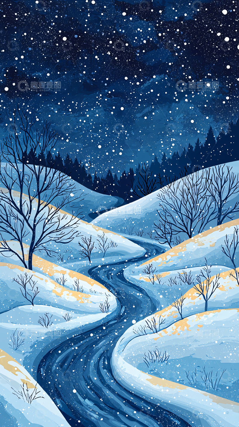 高清大图下载【趣麦麦图】冬夜雪景河流水彩画