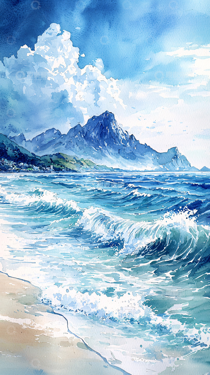 高清大图下载【趣麦麦图】水彩画风格的海景山峰