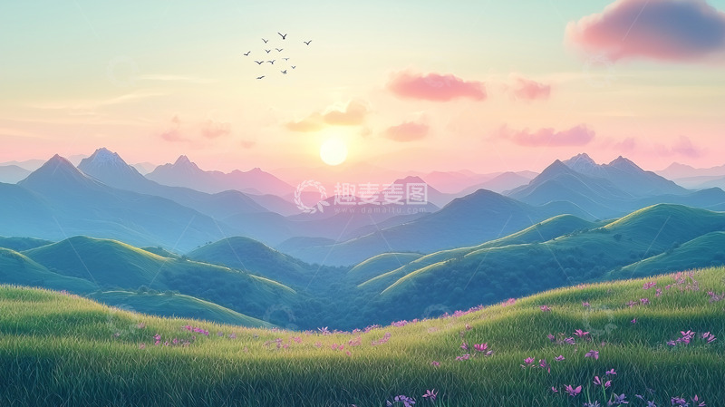 高清大图下载【趣麦麦图】梦幻般日出山峦景色