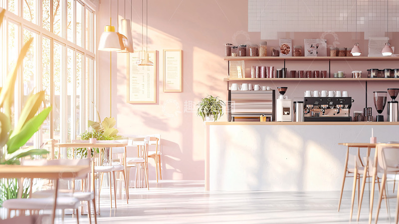 高清大图下载【趣麦麦图】粉色系咖啡厅阳光洒进室内