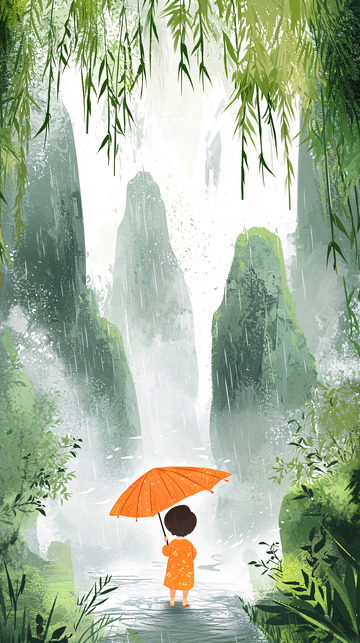 小女孩撑伞雨中山水画