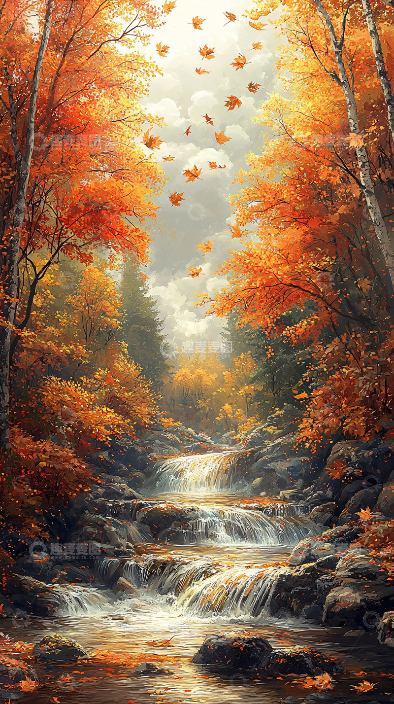 高清大图下载【趣麦麦图】秋日森林小溪瀑布