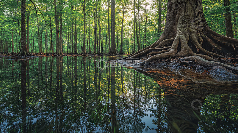 高清大图下载【趣麦麦图】森林沼泽树根倒影