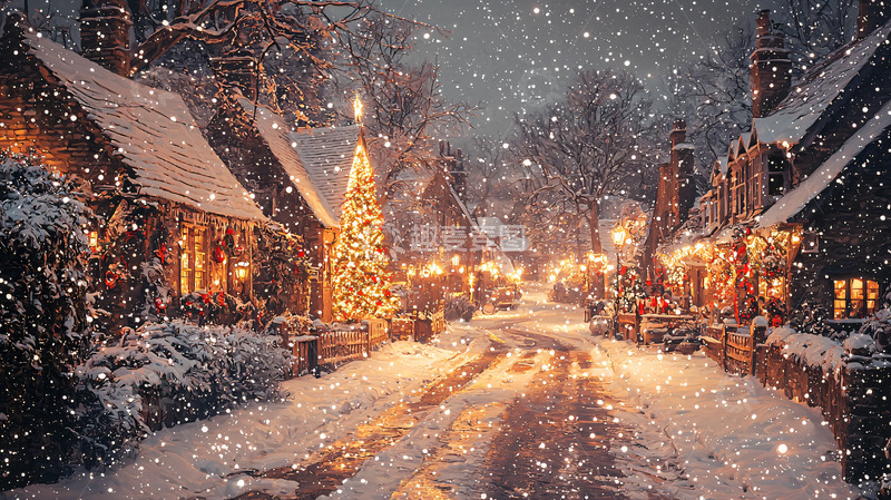 高清大图下载【趣麦麦图】下雪的圣诞小镇夜景