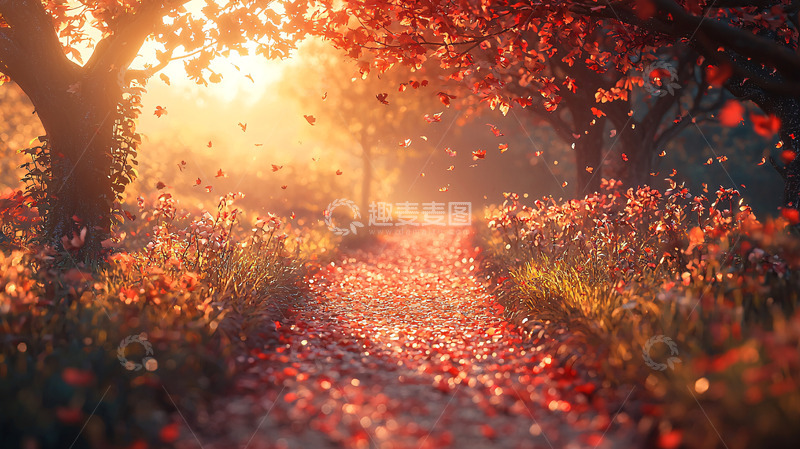 高清大图下载【趣麦麦图】秋日暖阳小路落叶