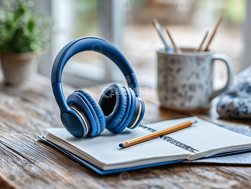 高清大图下载【趣麦麦图】蓝色耳机与笔记本静物