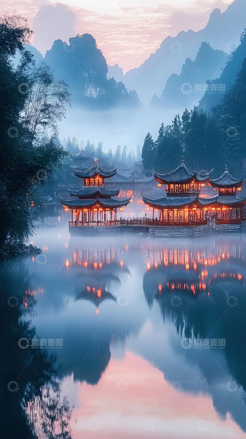 高清大图下载【趣麦麦图】仙境般山水亭台倒影