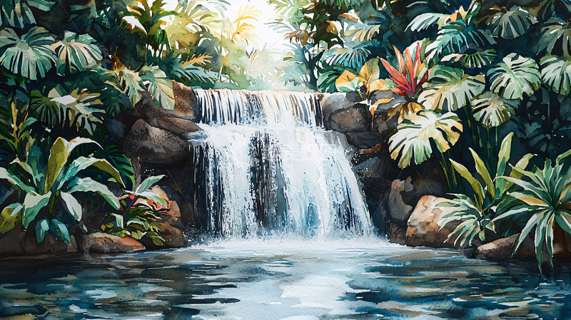高清大图下载【趣麦麦图】热带雨林瀑布水彩画