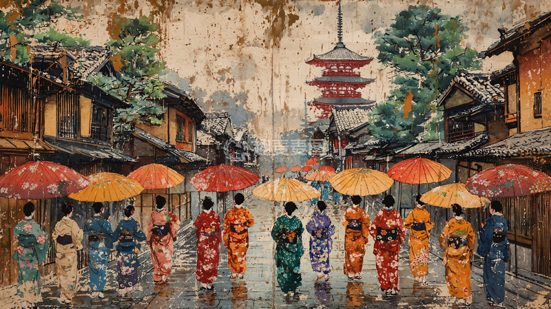 高清大图下载【趣麦麦图】日本街景雨中撑伞女子