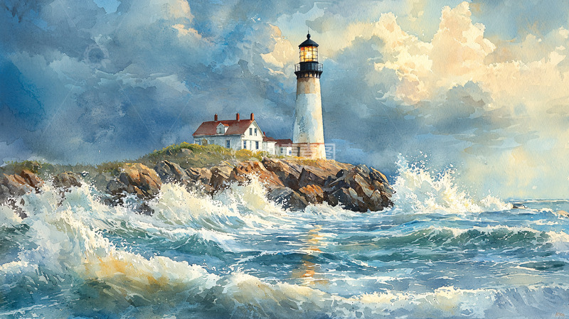 高清大图下载【趣麦麦图】海边灯塔风景画