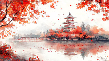 秋日水边古塔红叶