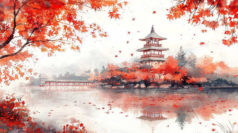 高清大图下载【趣麦麦图】秋日水边古塔红叶