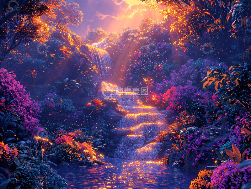 高清大图下载【趣麦麦图】奇幻森林瀑布仙境