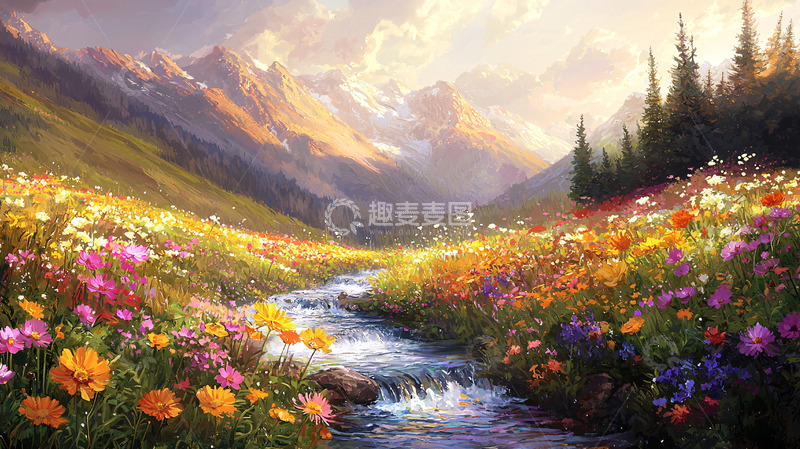 高清大图下载【趣麦麦图】山谷溪流鲜花盛开