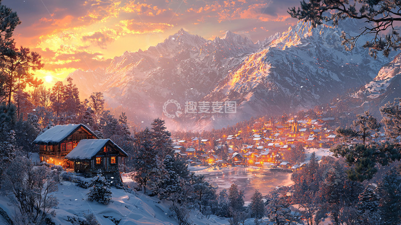 高清大图下载【趣麦麦图】雪山日落小镇